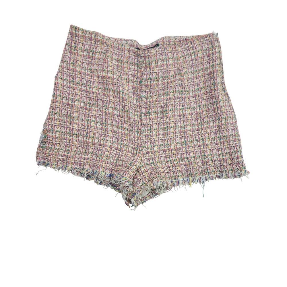 Zara Basic Multicolor Tweed Frayed Hem Shorts High Waisted Pink Blue Large